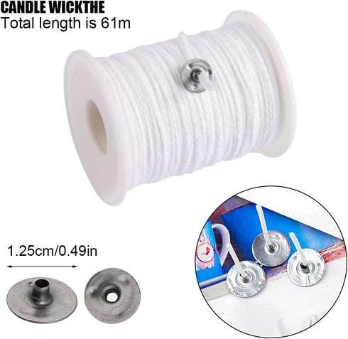 200 Feet Candle Wicks Roll, 24 PLYBraided Candle Wicks Natural Cotton Candle Wick Core Spool and 100 Pcs Metal Candle Wick Sustainer Tabs for Cand...