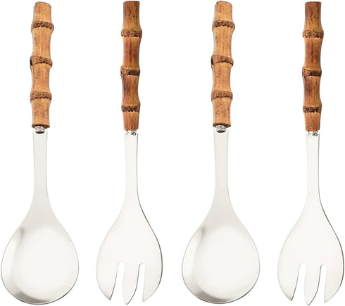 Serving Spoon and Fork Set, 304 Stainless Steel Serving Utensils with Natural Bamboo Handle, 10" Long Handle Serving Set for Kitchen Party Buffet,...