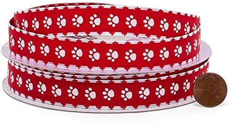 Paper Mart Paw Print Grosgrain Ribbon for Holiday Gift Wrap & Crafting, Red & White, 5/8 Inch x 25 Yd...