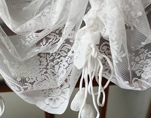 FADFAY Lace Balloon Curtain White Adjustable Tie-Up Curtain Shade, Embroidered Semi Sheer Farmhouse Drape for Living Room Bedroom Dining Room, 1 P...