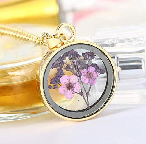 10pcs Mixed Golden Tone Round Shape Dried Pressed Flower Pendant Flower Plant Charm Floating Pendant Necklace Making Supplies...