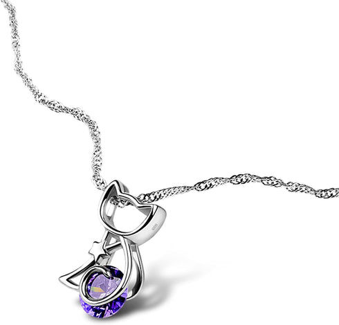 H&Beautimer Italian 925 Sterling Silver Necklace For Women's AAAAA CZ Purple Zircon Pendant Wave Chain 41+5CM Party Jewelry-Cute Cat...
