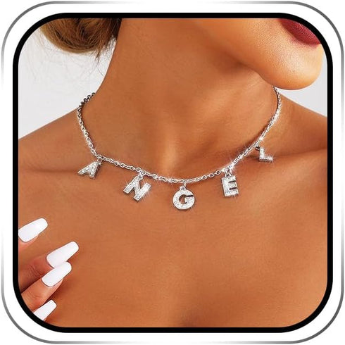 EARENT Sparkly Crystal Choker Necklace Silver Letter Pendant Necklaces Chain Glitter Rhinestone Jewerly Party Accessoriesfor Women (ANGEL)...
