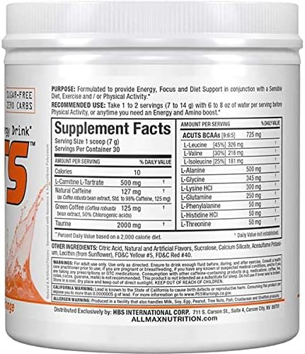 ALLMAX Nutrition AMINOCUTS (ACUTS), Amino-Charged Energy Drink with Taurine, L-Carnitine, Green Coffee Bean Extract, Orange, 30 Servings...