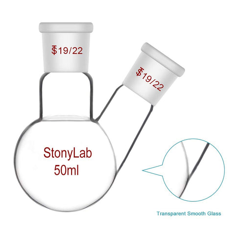 StonyLab Glass 50ml Heavy Wall 2 Neck Round Bottom Flask RBF, with 19/22 Center and Side Standard Taper Outer Joint - 50mL...