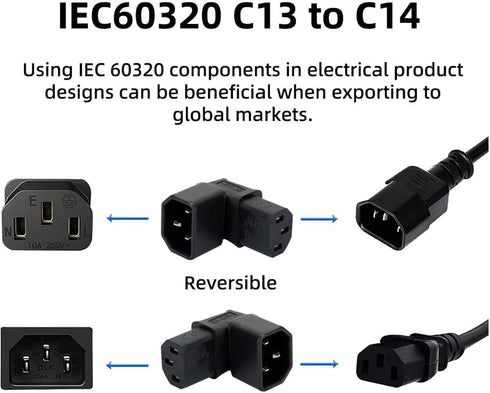 JSER IEC Male C14 to Up Direction Right Angled 90 Degree IEC Female C13 Power Extension Adapter 220V 10A Max...