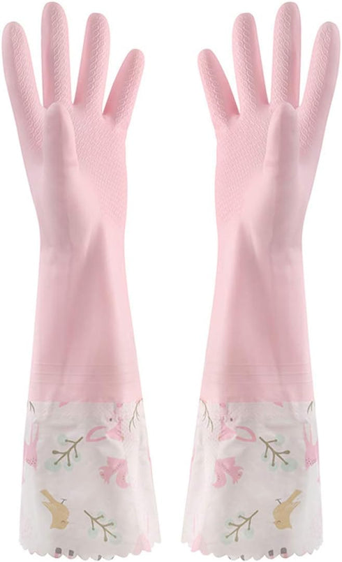 1 Pair Pink Flower Rubber Gloves Non-slip Waterproof Warmer Winter Household Dishwashing Long Cuff Latex Glove With Fleece Lining Flower Style Ran...