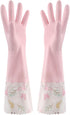 1 Pair Pink Flower Rubber Gloves Non-slip Waterproof Warmer Winter Household Dishwashing Long Cuff Latex Glove With Fleece Lining Flower Style Ran...