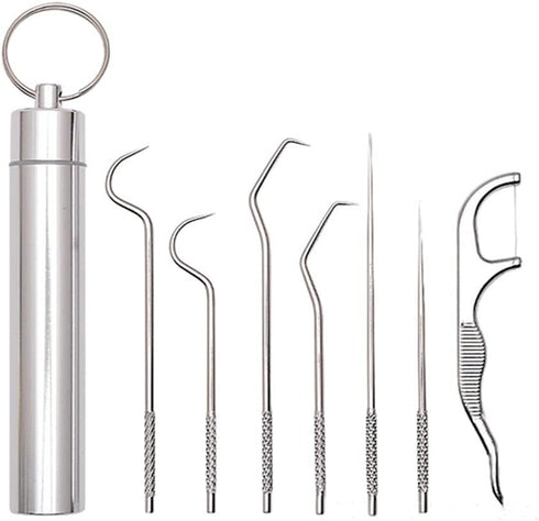 Dental Pick Portable Stainless Steel Tooth Pick Set Reusable Tooth Stains Remover Dental Tool Teeth Cleaning Tools with Holder for Outdoor Picnic,...