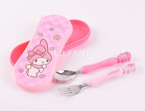 Cute Pink Melody Fork and Spoon Flatware Set with Case, Tableware Set with Cute Figure, Medium...