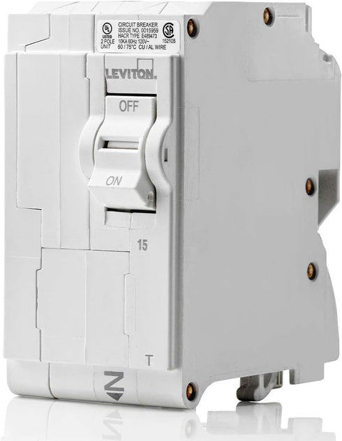 Leviton LB215-T 15A 2-Pole Plug-On Standard Branch Circuit Breaker, Thermal Magnetic, 120/240 VAC, White...