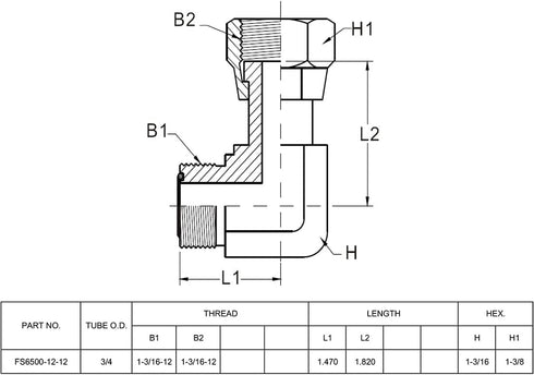 FS6500-12-12 Hydraulic Adapter Fitting 3/4" Male O-Ring Face Seal(1-3/16"-12 NPT) × 3/4" Female O-Ring Face Seal Swivel Nut(1-3/16"-12 NPT) 90°Pip...