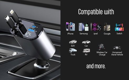 Retractable Phone Charger - Fast Car Charger USB C - Retractable Phone Charger 4 in 1 Retractable Car Charger - Retractable Charger for Apple and ...