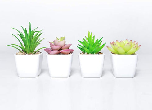 DuHouse Fake Succulents Plants Artificial Potted Faux Plant in Mini Square White Pots for Home Office Bathroom Desk Shelf Decor Set of 4(Green)...