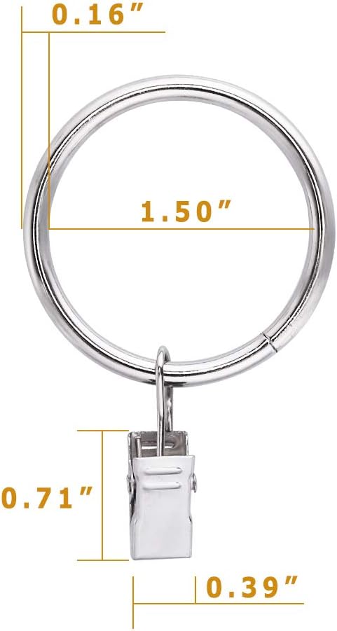 44 Pack Curtain Rings with Clips Hooks, Silver Drapery Clips with Rings Stainless Steel Metal 1.5 inch Curtain Hangers Clips, Fits Diameter 1.2 in...