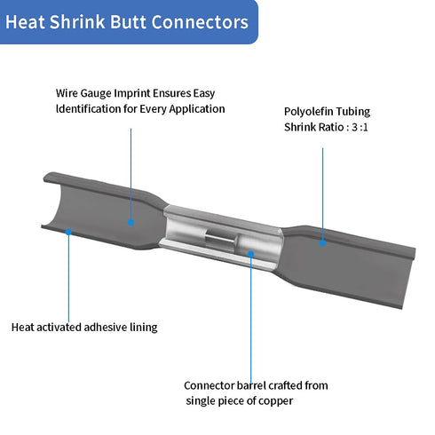 100 Pcs Black Heat Shrink Butt Connectors, 14-12 AWG Marine Grade Heat Shrink Wire Connectors, Tinned Copper, Waterproof Insulated Crimp Butt Spli...