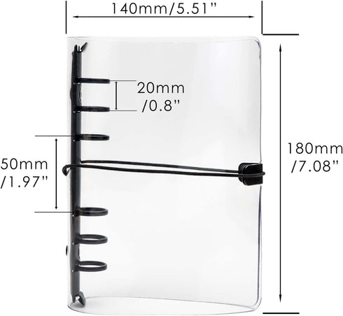 Clear A6 Binder with Elastic Band, 6 Black Rings Journal Planner Clear Budget Binder Thick PVC Notebook Cover Folder for 6 Holes A6 Grid Paper Ref...