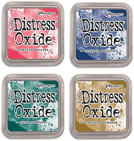 Tim Holtz Ranger Distress Oxide Ink Bundle - Four 3" x 3" Pads (M - Merry : Festive Berries, Chipped Sapphire, Pine Needles, and Brushed Corduroy)...