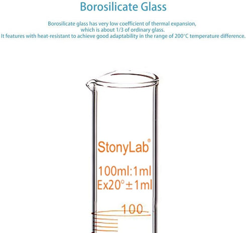 StonyLab 2-Pack 100ml Borosilicate Glass Graduated Cylinder Measuring Cylinder...