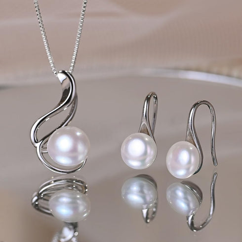 Bridal Wedding Jewelry 8-9 mm Genuine Pearl 18'' Pendant Necklace Earrings Set for Women 925 Sterling Silver White...