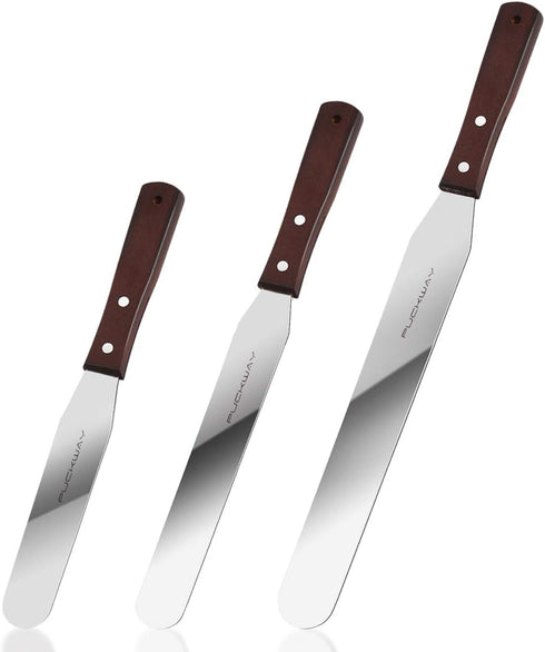 Straight Cake Icing Spatula set of 3 Professional Stainless Steel Cake Decorating Frosting Spatulas, 6"-8"-10" Flexible Resistant Blade, Wooden Ha...