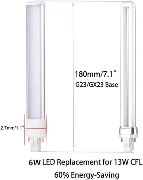 2 Pack 6W 2 Pin GX23 LED Horizontal PL Light Bulb, 13W CFL Equivalent, PLS-13W Replacement LED Plug & Play Light Bulb(Warm White 3000K)...