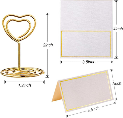 24 Pcs Mini Place Card Holders and 24 Pcs Place Cards with Gold Foil Border, Table Number Stand with Heart Shape, Table Card Holder Photo Picture ...