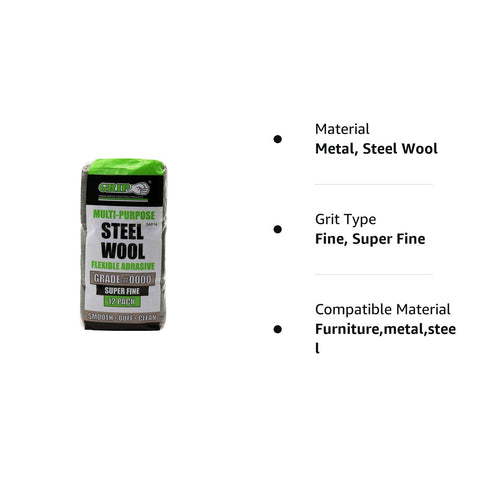Grip Multi-Purpose Steel Wool Flexible Abrasive 12 Pack (Very Fine #0000) - Smooth Lacquer, Varnish, Shellac, Polyurethane - Buff Furniture or Woo...
