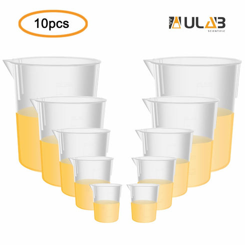 ULAB Scientific Plastic Beaker Set, 5 Sizes 50ml 100ml 250ml 500ml 1000ml, 2pcs for Each Size, Stackable with Spout, Molded Graduation, UBP1007...