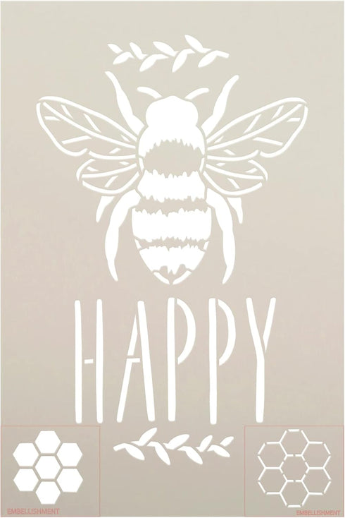 Bee Happy with Bee Stencil by StudioR12 | Craft DIY Spring Home Decor | Paint Inspirational Wood Sign | Reusable Mylar Template | Select Size (8 i...