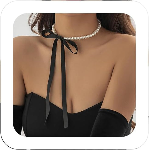 Boho Pearl Bow Choker Necklace Black Velvet Long Ribbon Bow Collarbone Chain Vintage Pearl Beaded Choker Necklace Birthday Party Jewelry for Women...