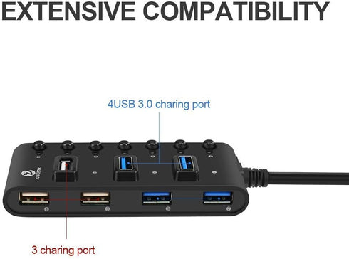 USB Hub 3.0 Network Hubs 7-Port USB 3.0 Hub with Smart Charging Port and Individual On/Off Power Switches for Windows 10/8 / Vista/XP and Mac OS X...