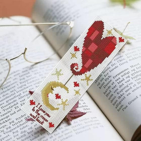 DIY Blank Canvas Heart-Shape and Love Moon Back Bookmarks Counted Cross Stitch Kits for Adult Kid Beginner Embroidery Crafts Needlework Bookmark f...