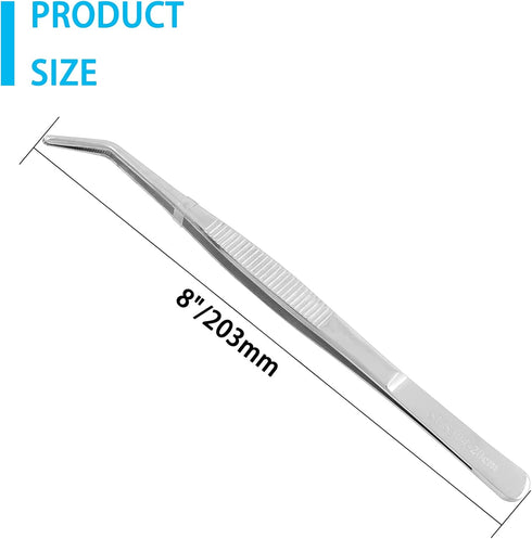 1Pcs 8 Inch Stainless Steel Tweezer, Long Tweezers with Precision Serrated Curved Tips, Non-slip Multitool Tweezer for Cooking, Repairing, Medical...