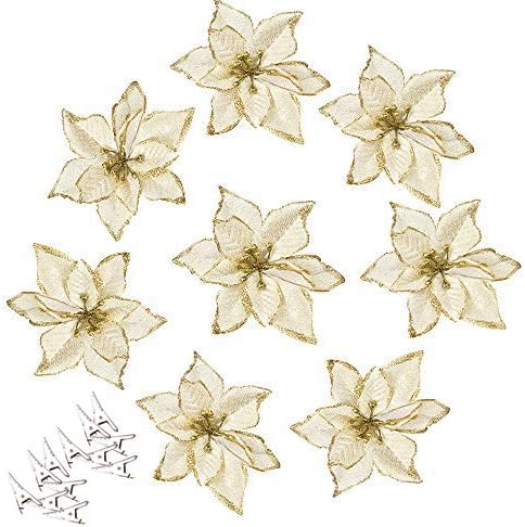 12pcs Glitter Poinsettia Christmas Tree Ornament Artificial Wedding Christmas Flowers Xmas Tree Wreaths Decor Ornament, 5.5inch, Red and Gold for ...