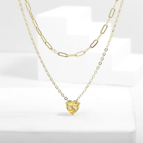 UILZ 14K Gold Plated Layered Birthstone Necklace Dainty Heart Birthstone Necklace Paperclip Chain Choker Necklace with Heart Pendant Birthstone Je...