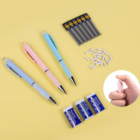 AUAUY 3 PCS Pastel Mechanical Pencil Set, 0.7 mm Cute Candy Colors Mechanical Pencil with 6 Tubes HB Lead Refills, 3 PCS Erasers and 24 PCS Eraser...