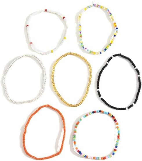 Boho Multilayer Handmade Beaded Anklets for Women,Elastic Adjustable Colorful String Anklets Beach Summer Foot Jewelry (A)...