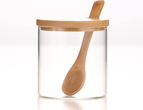 300ML/10Oz Clear Glass Jar with Bamboo Lid and Wooden Spoon, Cute Sugar Bowl Bath Salt Storage Canister Seasoning Container Condiment Pot with Sco...