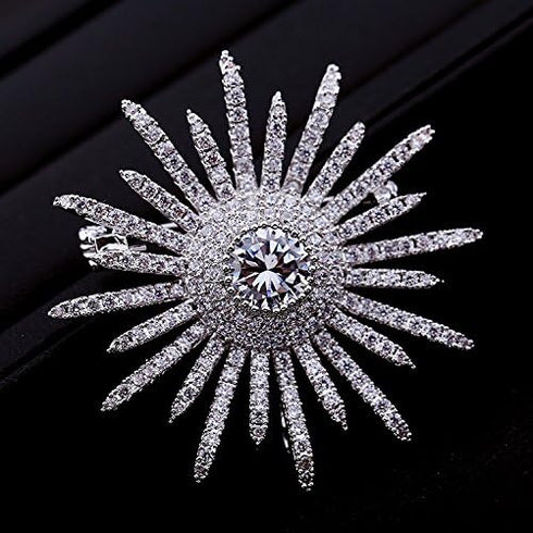 Sparkling Silver Tone Micro Pave Round Shaped Burst Star Brooches Collar Lapel Pins Atomic Jewelry...