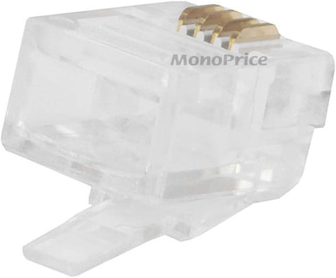 Monoprice 6P4C RJ11 Modular Plugs for Round Solid Cable - Crimp On, 1U, 3 Prongs, 4 Conductor, Clear, 50-Pack...