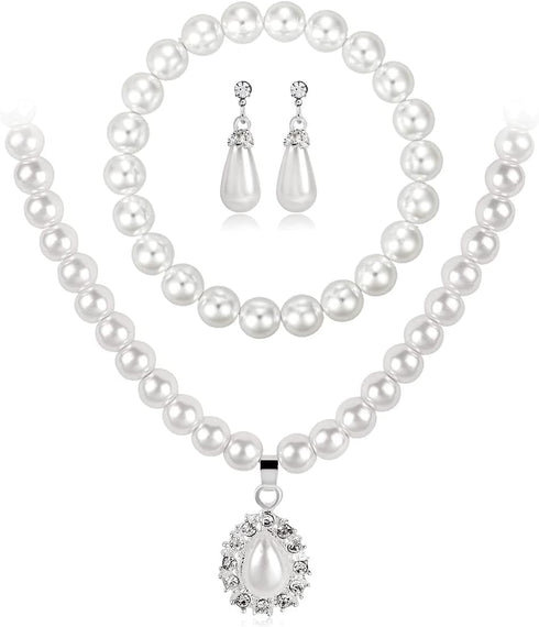 CSIYANJRY99 Pearl Necklace and Earring Set Faux Pearl Prom Jewelry Sets for Women Imitation Beaded Pearl Necklace Bracelet Stud Earrings for Women...