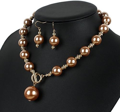 COLORFUL BLING Chunky Simulated Pearl Choker Necklace Drop Dangle Earrings Crystal Large Bib Big Round Beaded Strand Multicolor for Women Brides C...