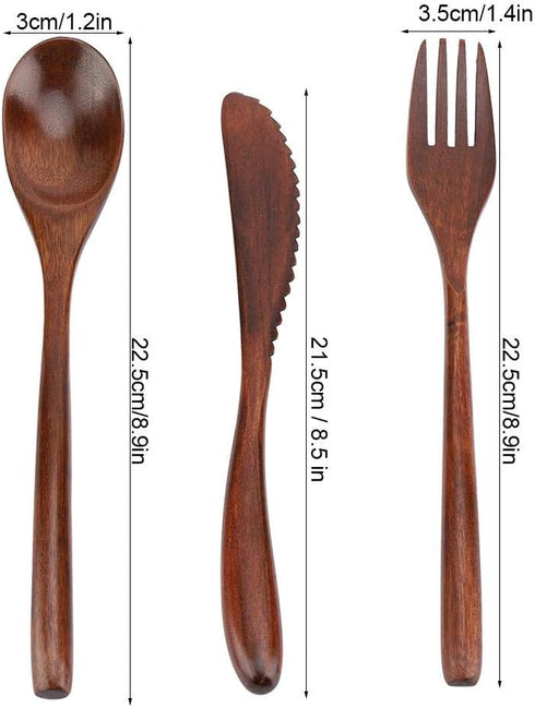 3Pcs Wooden Spoon Fork Knife Cutlery Set, Japanese Reusable Wooden Bamboo Cutlery Set...