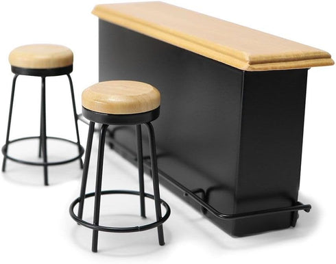 Dollhouse Furniture Metal Bar Table & Chair with Wood Top Pub Set 1:12 Scale Miniature Accessories Bar Counter Stool Mini Dining Coffee Table Mode...