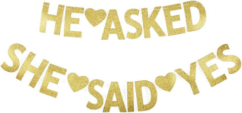 He Asked She Said Yes Banner, Gold Glitter Paper Sign for Wedding, Engagement, Bridal Shower Party Decorations...
