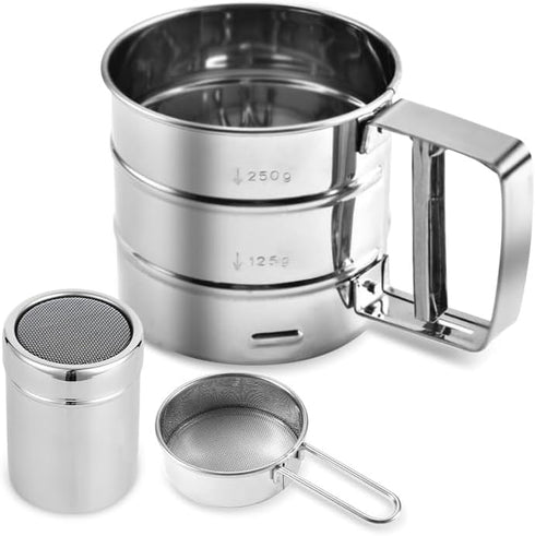 3 in1 Stainless Steel Flour Sifter for Baking 3 Cup Sifter for baking, Flour Sifter for Baking Cakes, Pastries, Pies, Cupcakes and Desserts, Powde...