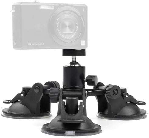 Camera Mount for Car - Camera Suction Mount - Car Mount Triple Suction Cup Mount with 1/4 Threaded Head 360 Degree Tripod Ball Head...