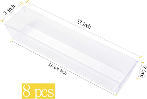 Backerysupply Clear Plastic Drawer Organizer Tray for Vanity Cabinet (12”×3”×2”?Set of 8),Storage Tray for Makeup, Kitchen Utensils, Jewelries, an...