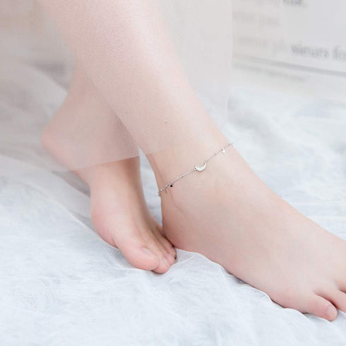 Dainty Star Crescent Moon Anklet Sterling Silver 925 Dangling Charm CZ Crystal Adjustable Foot Ankle Bracelet Sandbeach Party Foot Chain Summer Je...